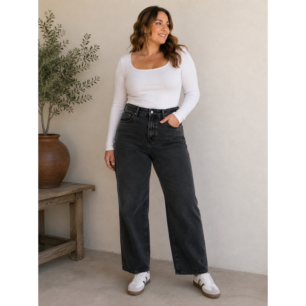 Old Navy Extra High Rise Wide Leg Jeans 14 Petite Washed Black Secret Smooth